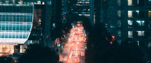 Preview wallpaper night city, street, aerial view, road, buildings, lights