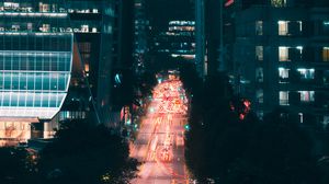 Preview wallpaper night city, street, aerial view, road, buildings, lights