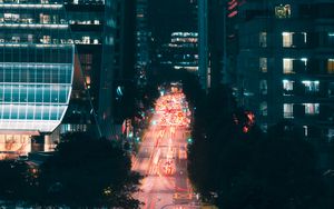Preview wallpaper night city, street, aerial view, road, buildings, lights