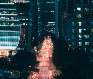 Preview wallpaper night city, street, aerial view, road, buildings, lights