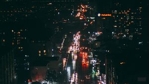 Preview wallpaper night city, street, aerial view, buildings, cars, lights, dark