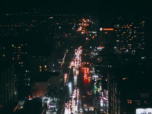 Preview wallpaper night city, street, aerial view, buildings, cars, lights, dark