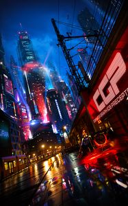 Preview wallpaper night city, street, art, cyberpunk, reflection, buildings