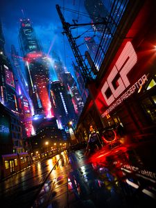 Preview wallpaper night city, street, art, cyberpunk, reflection, buildings