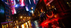 Preview wallpaper night city, street, art, cyberpunk, reflection, buildings