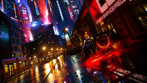 Preview wallpaper night city, street, art, cyberpunk, reflection, buildings