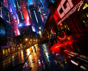 Preview wallpaper night city, street, art, cyberpunk, reflection, buildings