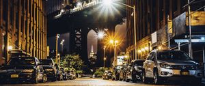 Preview wallpaper night city, street, bridge, cars, parking