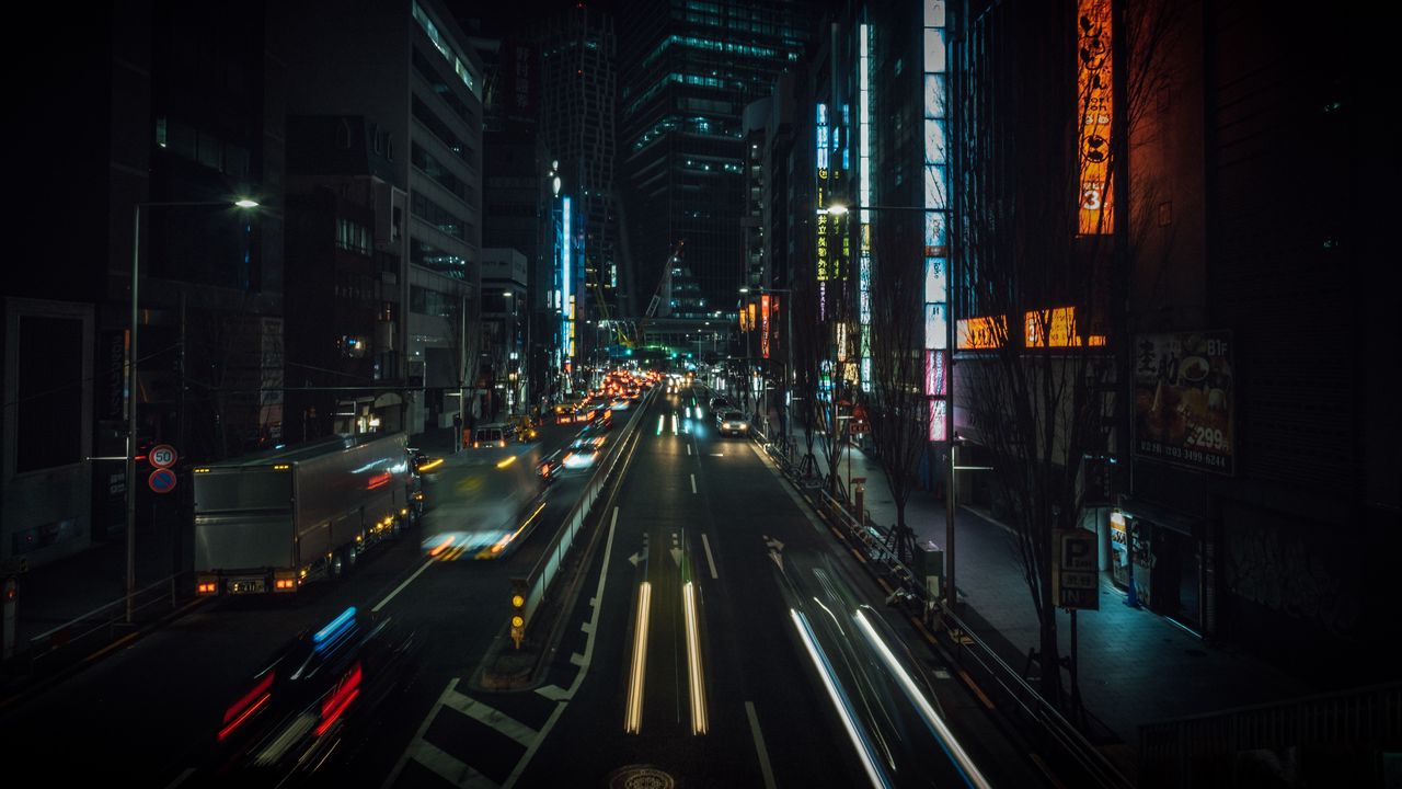 Wallpaper night city, street, city lights, traffic, buildings, tokyo, japan