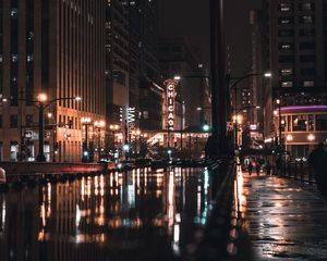 Preview wallpaper night city, street, city lights, architecture, chicago, usa