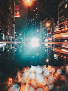 Preview wallpaper night city, street, glare, bokeh, light