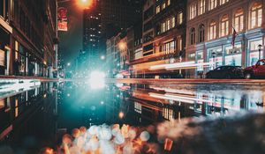 Preview wallpaper night city, street, glare, bokeh, light