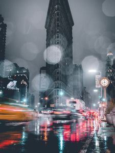 Preview wallpaper night city, street, glare, long exposure, movement, architecture