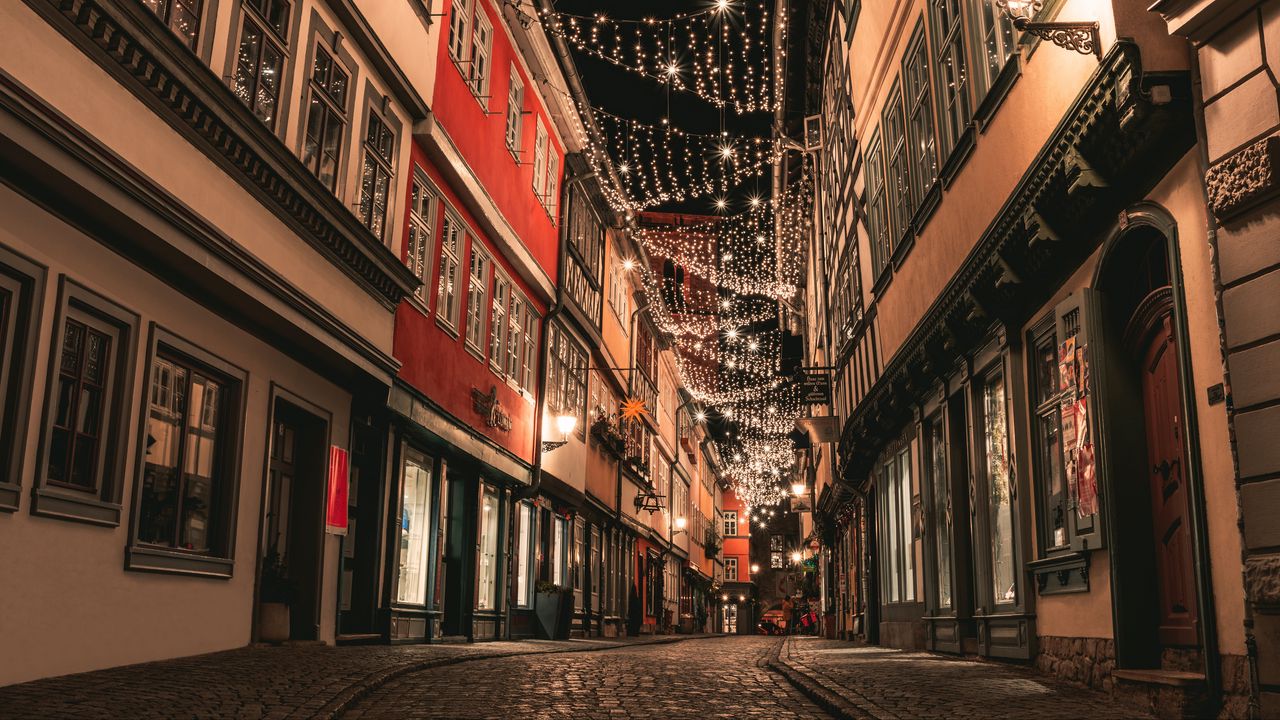 Wallpaper night city, street, illumination, lighting, lane
