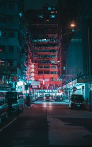 Preview wallpaper night city, street, lights, buildings, cars, people