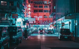 Preview wallpaper night city, street, lights, buildings, cars, people