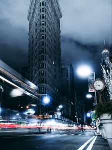 Preview wallpaper night city, street, movement, building, architecture, long exposure