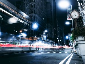 Preview wallpaper night city, street, movement, building, architecture, long exposure