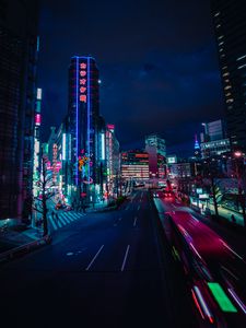 Preview wallpaper night city, street, neon, lights, road, buildings