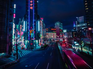 Preview wallpaper night city, street, neon, lights, road, buildings