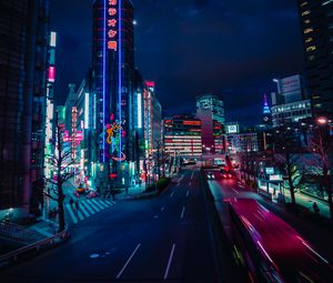 Preview wallpaper night city, street, neon, lights, road, buildings