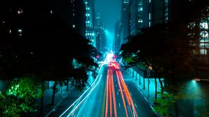 Preview wallpaper night city, street, road, lights, fog