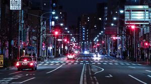 Preview wallpaper night city, street, road, buildings, cars