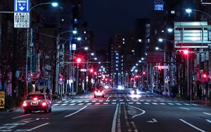 Preview wallpaper night city, street, road, buildings, cars
