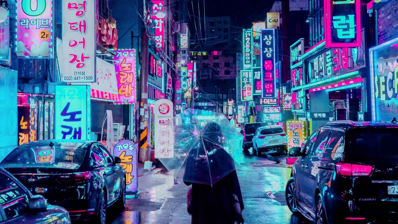 Wallpaper night city, street, umbrella, man, signboards, lighting, neon