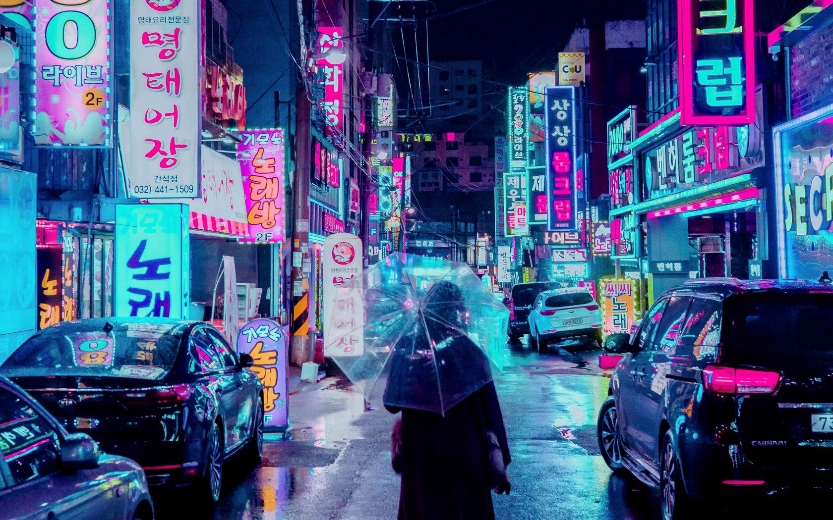 1680x1050 Wallpaper night city, street, umbrella, man, signboards, lighting, neon