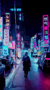 Preview wallpaper night city, street, umbrella, man, signboards, lighting, neon