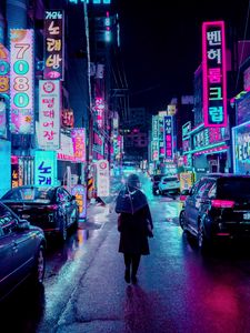 Preview wallpaper night city, street, umbrella, man, signboards, lighting, neon