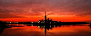 Preview wallpaper night city, sunset, sky, factory, horizon