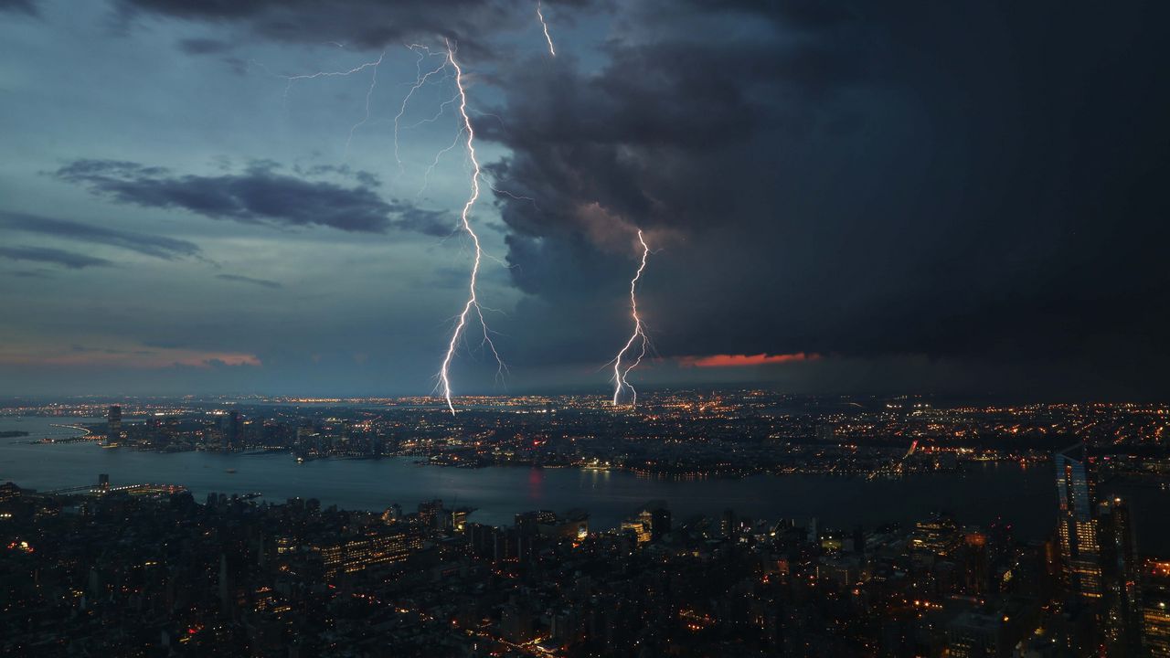 Wallpaper night city, thunderstorm, top view