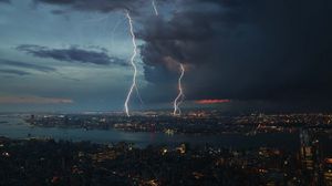 Preview wallpaper night city, thunderstorm, top view
