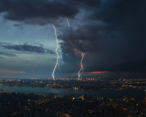 Preview wallpaper night city, thunderstorm, top view