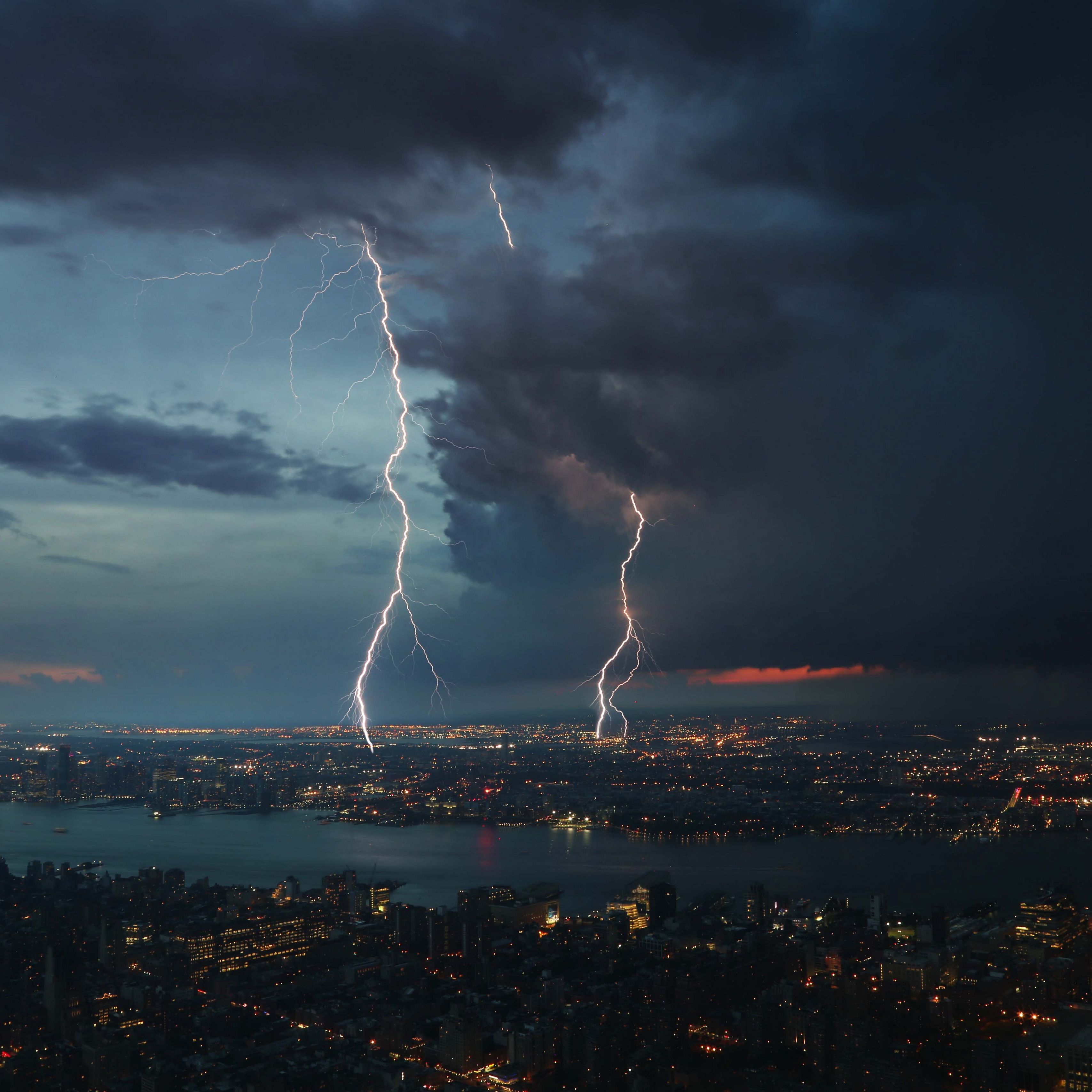 3415x3415 Wallpaper night city, thunderstorm, top view