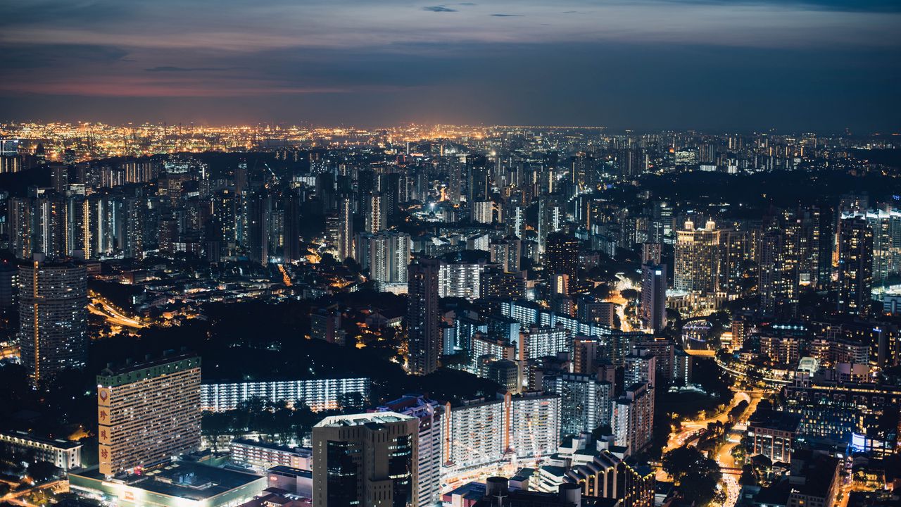 Wallpaper night city, top view, buildings, city lights