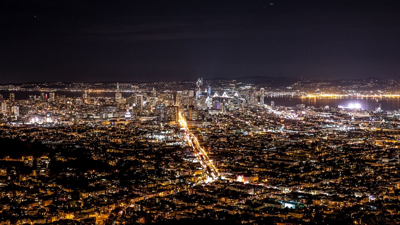 Wallpaper night city, top view, city lights