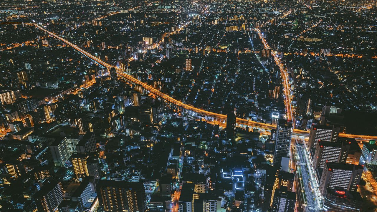 Wallpaper night city, top view, city lights, osaka, japan