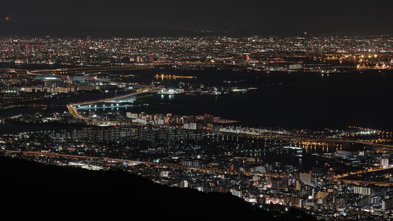 Wallpaper night city, top view, city lights, bay, osaka, japan