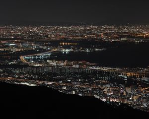 Preview wallpaper night city, top view, city lights, bay, osaka, japan