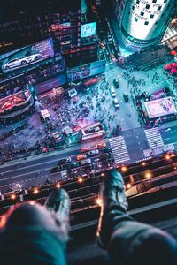 Preview wallpaper night city, top view, legs, roof, overview, megalopolis, new york, usa