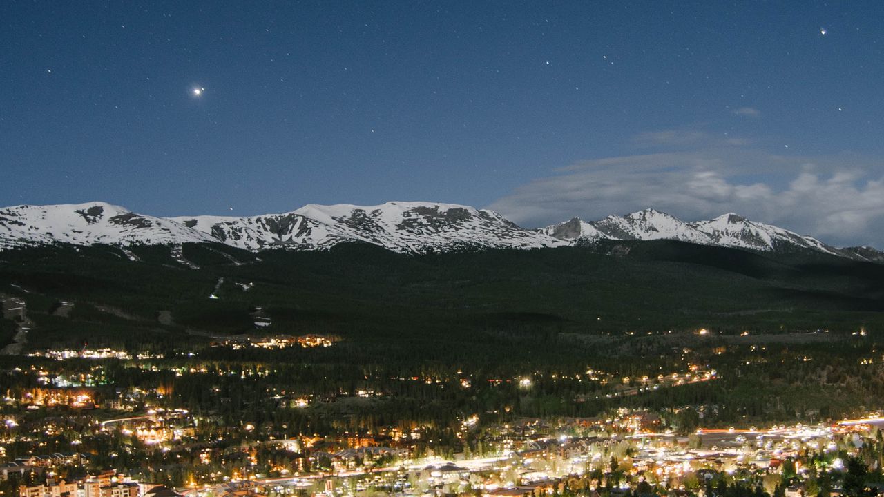 Wallpaper night city, top view, mountains, trees, sky, breckenridge, united states