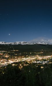Preview wallpaper night city, top view, mountains, trees, sky, breckenridge, united states