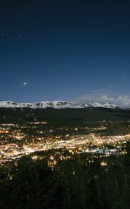 Preview wallpaper night city, top view, mountains, trees, sky, breckenridge, united states