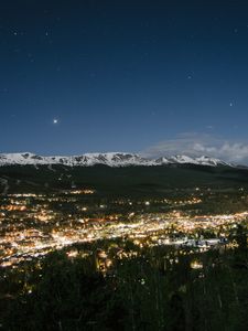 Preview wallpaper night city, top view, mountains, trees, sky, breckenridge, united states