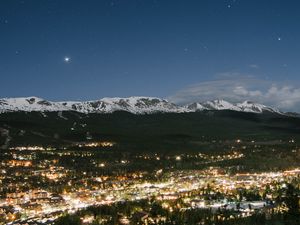 Preview wallpaper night city, top view, mountains, trees, sky, breckenridge, united states