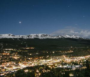 Preview wallpaper night city, top view, mountains, trees, sky, breckenridge, united states