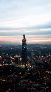 Preview wallpaper night city, tower, buildings, lights, dusk